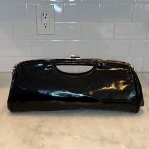 Vintage Black Patent Frame Clutch Purse w/ Silver Handle & Kiss Lock Bag